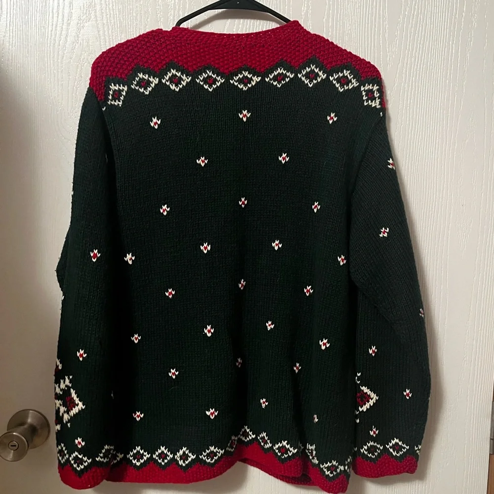 Vintage Talbots Hand Knit Holly Festive Green Red Women's Zip-Up Cardigan Med